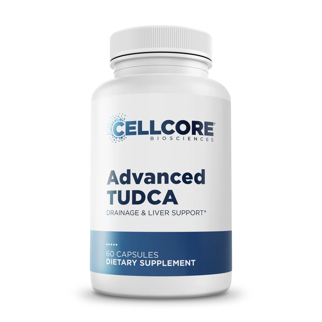Cellcore Biosciences Advanced TUDCA bottle with 60 capsules for drainage and liver support. White container with blue text and a minimalist design.
